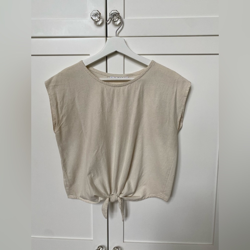 Only Child Tie-Front Raw Silk Top in Cream.
